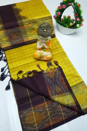 mustard yellow tripura silk mahanati checks saree with coffee brown pochampally border