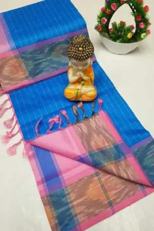 sky blue tripura silk mahanati checks saree with soft pink pochampally border