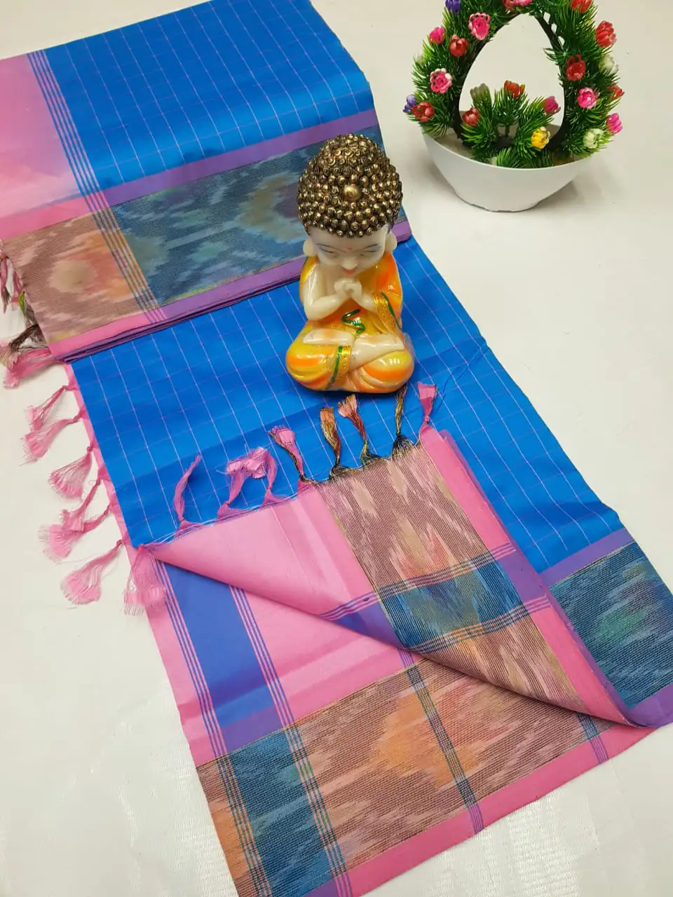 sky blue tripura silk mahanati checks saree with soft pink pochampally border