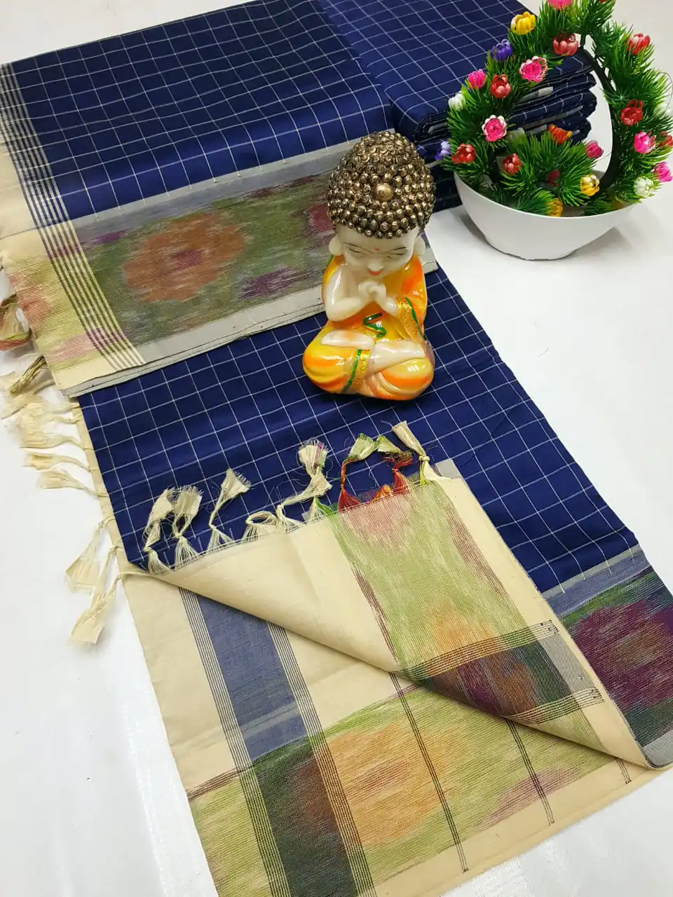 sky blue tripura silk mahanati checks saree with soft pink pochampally border (copy)