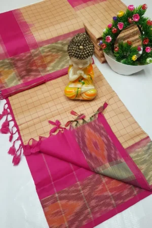 sand beige tripura silk mahanati checks saree with rani pink pochampally border