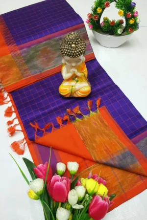 royal purple tripura silk mahanati checks saree with burnt orange pochampally border