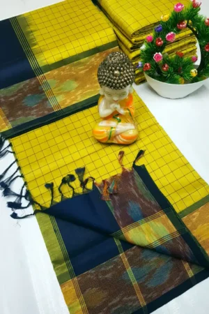 mustard yellow tripura silk mahanati checks saree with deep green pochampally border