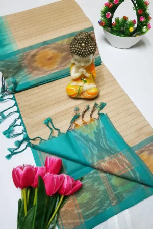 mustard yellow tripura silk mahanati checks saree with deep green pochampally border (copy)