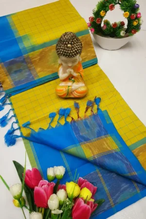 royal purple tripura silk mahanati checks saree with parrot green pochampally border (copy)