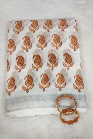 Cream Chanderi Cotton Saree with Mustard Floral Buta Print and Silver Zari Border