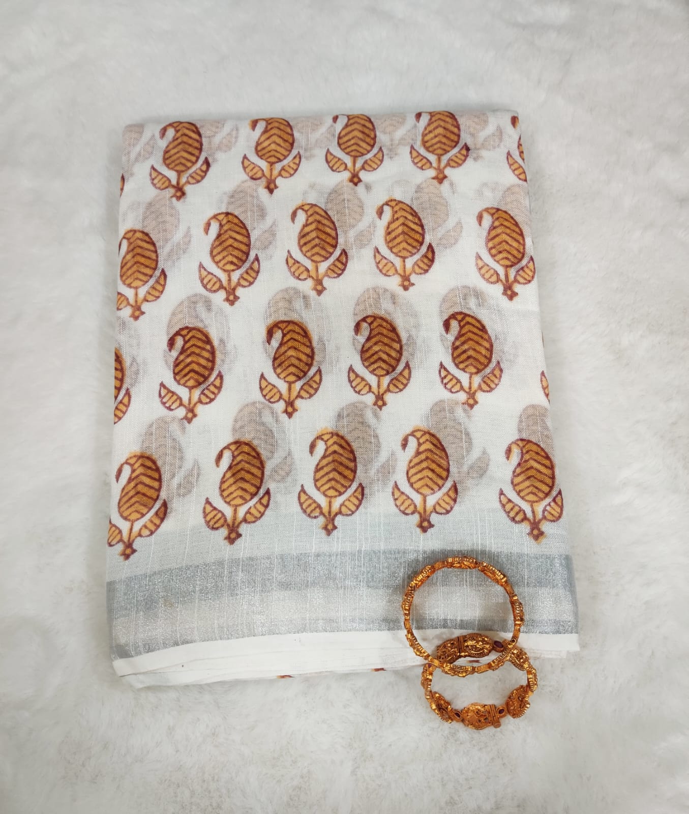 Cream Chanderi Cotton Saree with Mustard Floral Buta Print and Silver Zari Border
