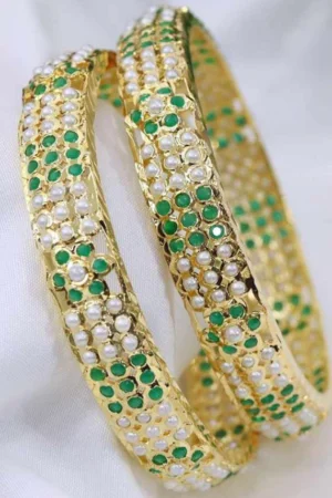 Mrinala Jadau Bangle – Emerald Pearl Luxe From The Suttra Series by Dhatu Suttam