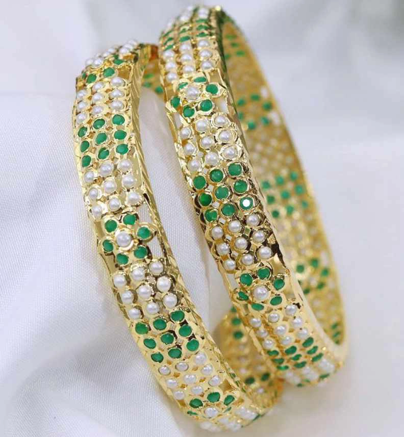 Mrinala Jadau Bangle – Emerald Pearl Luxe From The Suttra Series by Dhatu Suttam