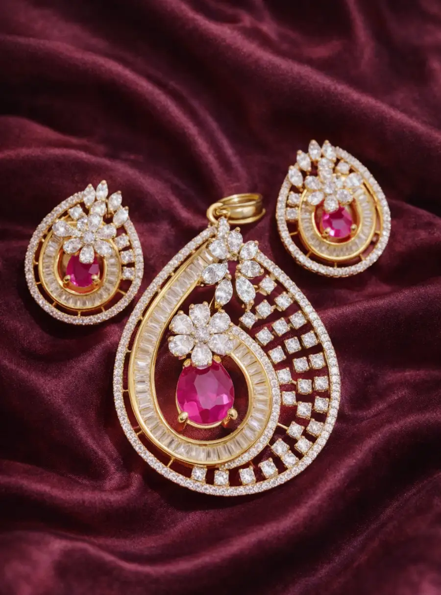 Noor-e-Ruby Floral Teardrop Pendant Set