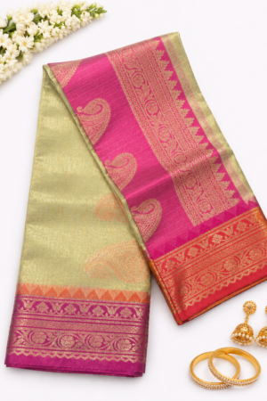 Golden Banaras tissue saree with vibrant pink and orange contrast zari border and paisley woven detailing