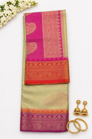 Golden Banaras tissue saree with vibrant pink and orange contrast zari border and paisley woven detailing