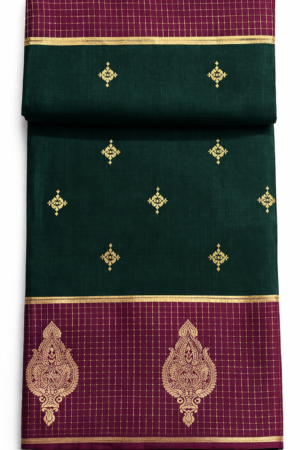 Elegant bottle green Banarasi soft silk saree with delicate gold motifs, a rich wine purple zari border, and a luxurious woven pallu.