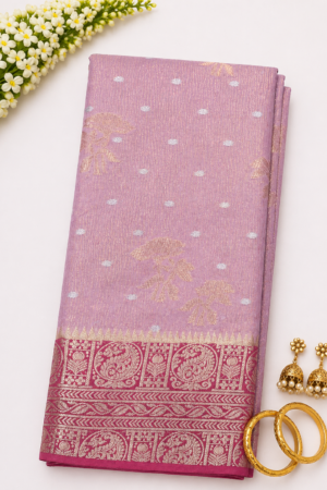 Soft pink Banaras tissue saree with gold zari butta motifs and rich deep pink traditional woven border