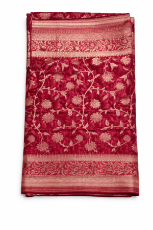 Graceful deep red banaras silk saree featuring delicate floral embroidery and a refined border for a rich designer festive look.