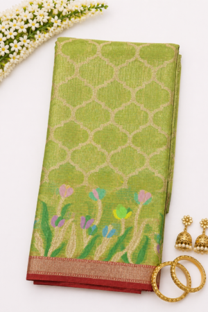 green Banaras Kota saree with geometric lattice woven pattern and multicolor floral border with gold zari finish