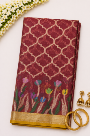 red Banaras Kota saree with geometric lattice woven pattern and multicolor floral border with gold zari finish