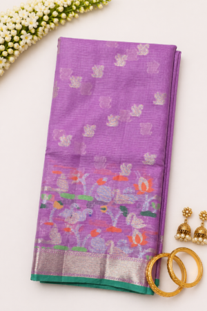 Lavender pink Banaras Kota saree with silver woven motifs and artistic multicolor floral border with green edge