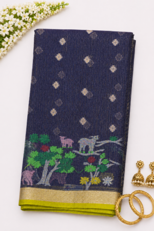 Charcoal grey Banaras Kota saree with woven butta motifs, floral scenic pallu, and yellow contrast border