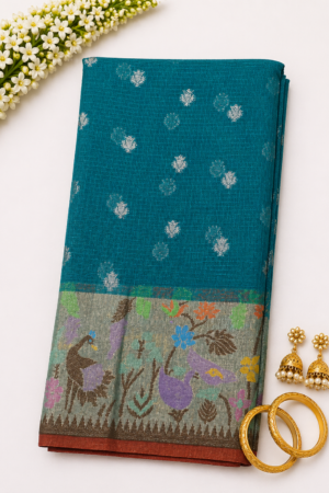 Teal green Banaras Kota saree with delicate woven buttas and artistic peacock floral contrast border