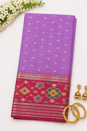 Lavender Banaras Kota saree with delicate woven buttas and pink ikat-inspired contrast border