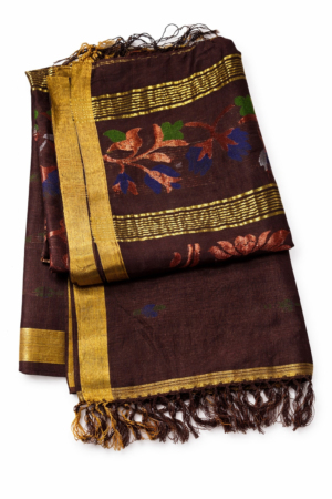 Elegant dark brown linen Jamdani saree featuring a subtle plain body, artistic floral woven pallu, and classic gold zari border for timeless ethnic sophistication.