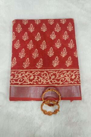 Elegant Red Chanderi Cotton Saree with Beige Buta Print and Traditional Floral Border