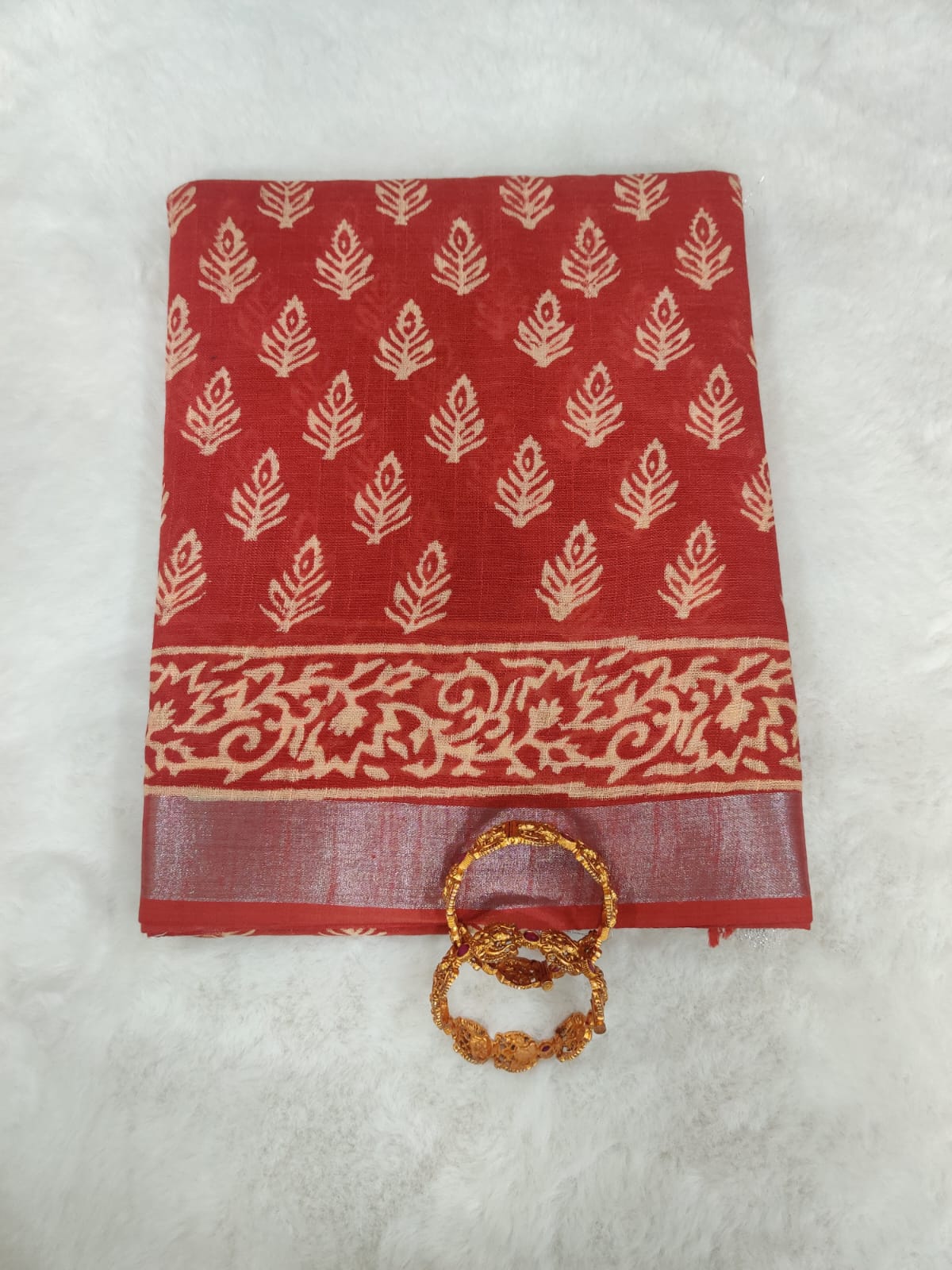 Elegant Red Chanderi Cotton Saree with Beige Buta Print and Traditional Floral Border