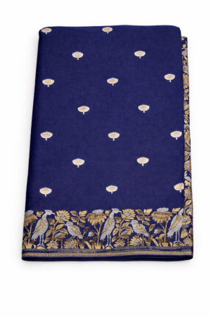 Elegant navy blue Banarasi soft silk saree featuring delicate silver buti motifs and a stunning floral bird woven border for a rich designer festive look.