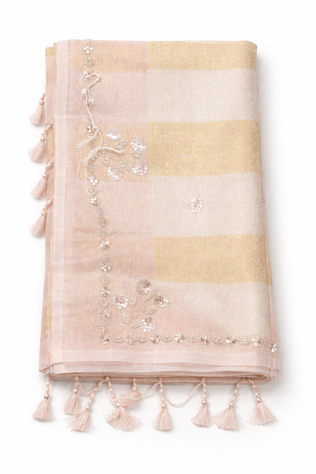 Elegant Blush Peach Designer Organza Saree with Soft Gold Checks, Floral Embroidery and Pearl Tassel Finish