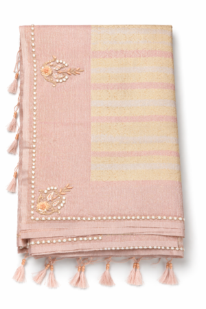 Elegant Pastel Peach Designer Organza Saree with Pearl Border, Soft Woven Panel and Tassel Finish