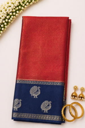 Red Dola Silk saree with navy blue contrast woven border and subtle traditional motifs