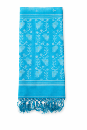 Elegant sky blue pure tussar saree featuring delicate Jamdani-inspired motifs, artistic woven pallu, and soft handcrafted tassels for graceful traditional charm.