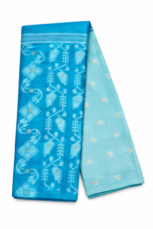 Elegant sky blue pure tussar saree featuring delicate Jamdani-inspired motifs, artistic woven pallu, and soft handcrafted tassels for graceful traditional charm.