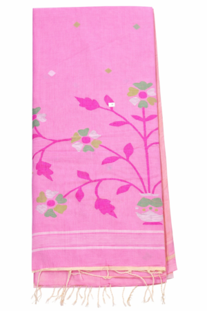 Charming Pastel pink cotton Jamdani saree adorned with graceful floral vine motifs, soft pastel elegance, and a lightweight handloom-inspired finish.