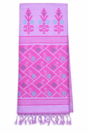 Vibrant candy pink Matka silk Jamdani saree featuring delicate floral lattice weaving and a graceful handcrafted festive appeal.