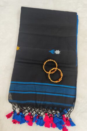Elegant Black Linen Saree with Blue Contrast Border and Multicolor Tassel Pallu