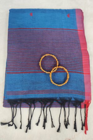 Elegant Blue Linen Saree with Pink Contrast Border, Striped Pallu and Tassel Finish