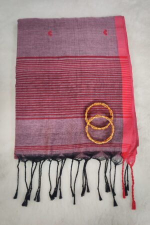 Elegant Mauve Linen Saree with Red Contrast Border, Striped Pallu and Tassel Finish