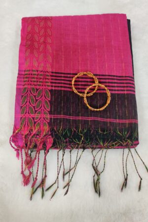 Bold Pink Linen Saree with Black Contrast Border, Woven Detailing and Multicolor Tassel Finish