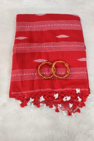 Elegant Red Linen Saree with White Woven Stripes, Minimal Motifs and Contrast Tassel Finish