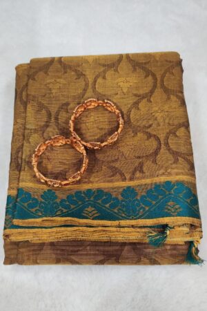 Elegant Golden Yellow Mangalagiri Cotton Saree with Teal Contrast Zari Border and Traditional Woven Design