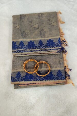 Elegant Grey Mangalagiri Cotton Saree with Royal Blue Contrast Zari Border and Traditional Woven Detailing