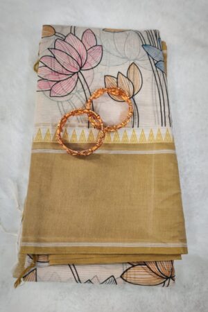 Elegant Ivory Mangalagiri Cotton Saree with Golden Border and Artistic Lotus Floral Print