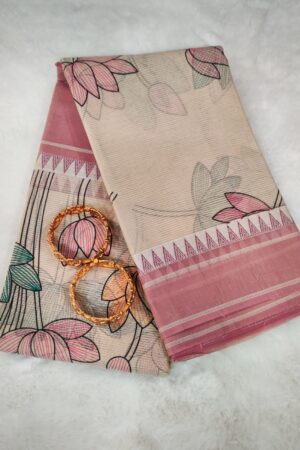Elegant Blush Pink Mangalagiri Cotton Saree with Lotus Floral Print and Soft Striped Border