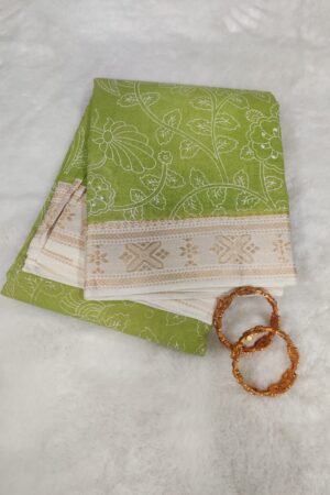 Fresh Lime Green Mangalagiri Cotton Saree with Elegant Ivory Woven Border and Traditional Floral Detailing