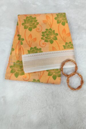 Elegant Peach Orange Mangalagiri Cotton Saree with Floral Print and White Contrast Woven Border