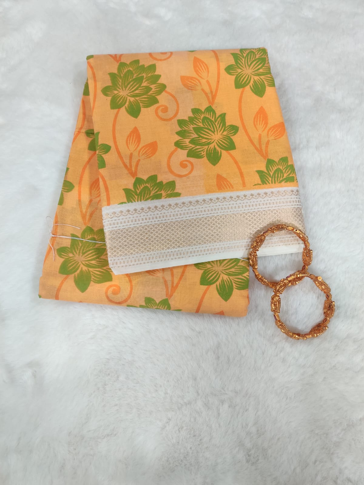 Elegant Peach Orange Mangalagiri Cotton Saree with Floral Print and White Contrast Woven Border