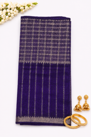 Royal purple Mangalgiri Pattu saree with silver zari checks and silver woven border