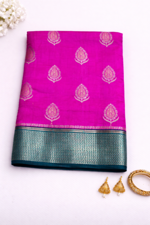 Elegant Magenta Mango Silk Saree with Deep Blue Contrast Pallu and Zari Border
